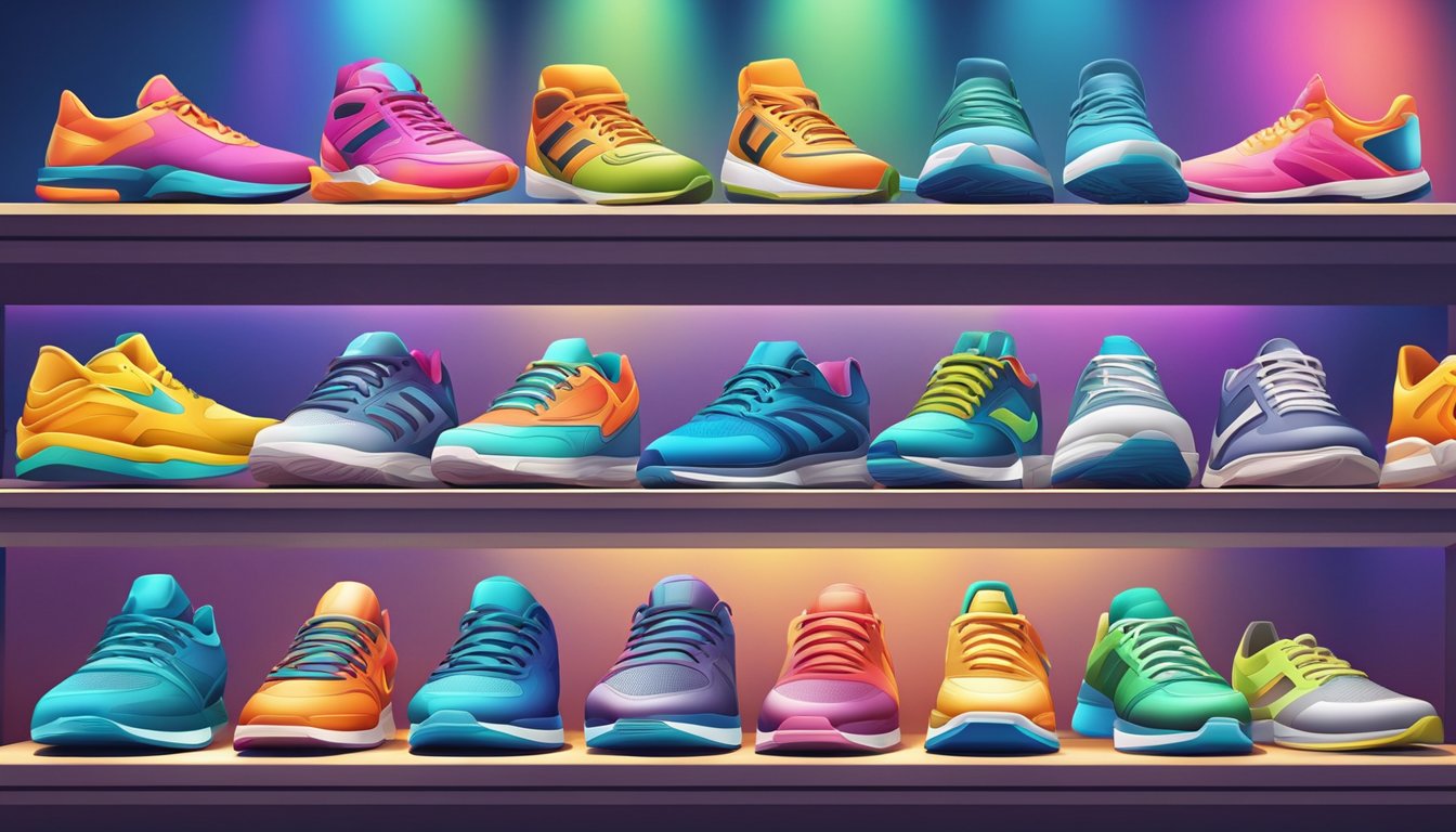 A colorful array of sports shoes arranged neatly on display shelves, with bright lighting and a modern, clean store environment