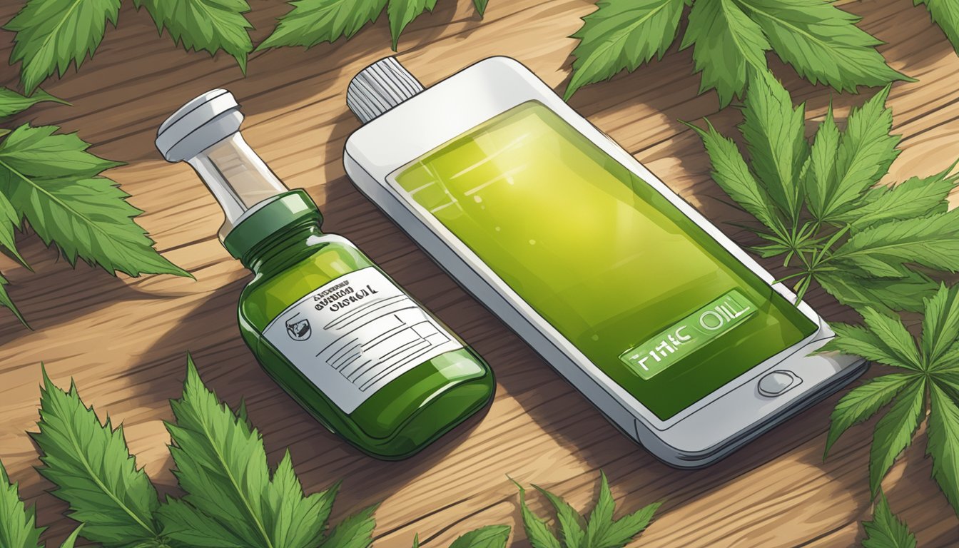 A glass vial of THC oil sits on a wooden table, surrounded by cannabis leaves and a digital device displaying an online purchase confirmation