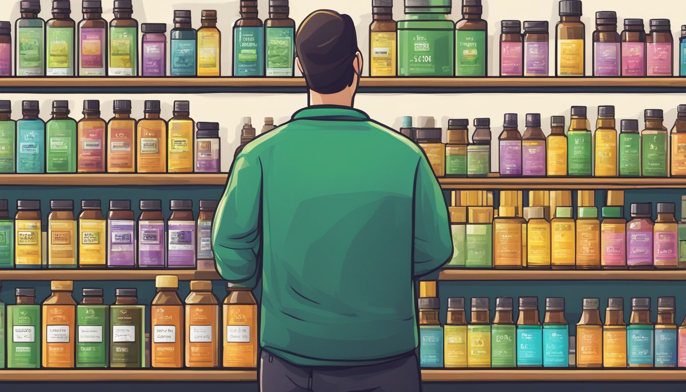 Customers browsing through a variety of THC oil products displayed on shelves with clear labels and prices