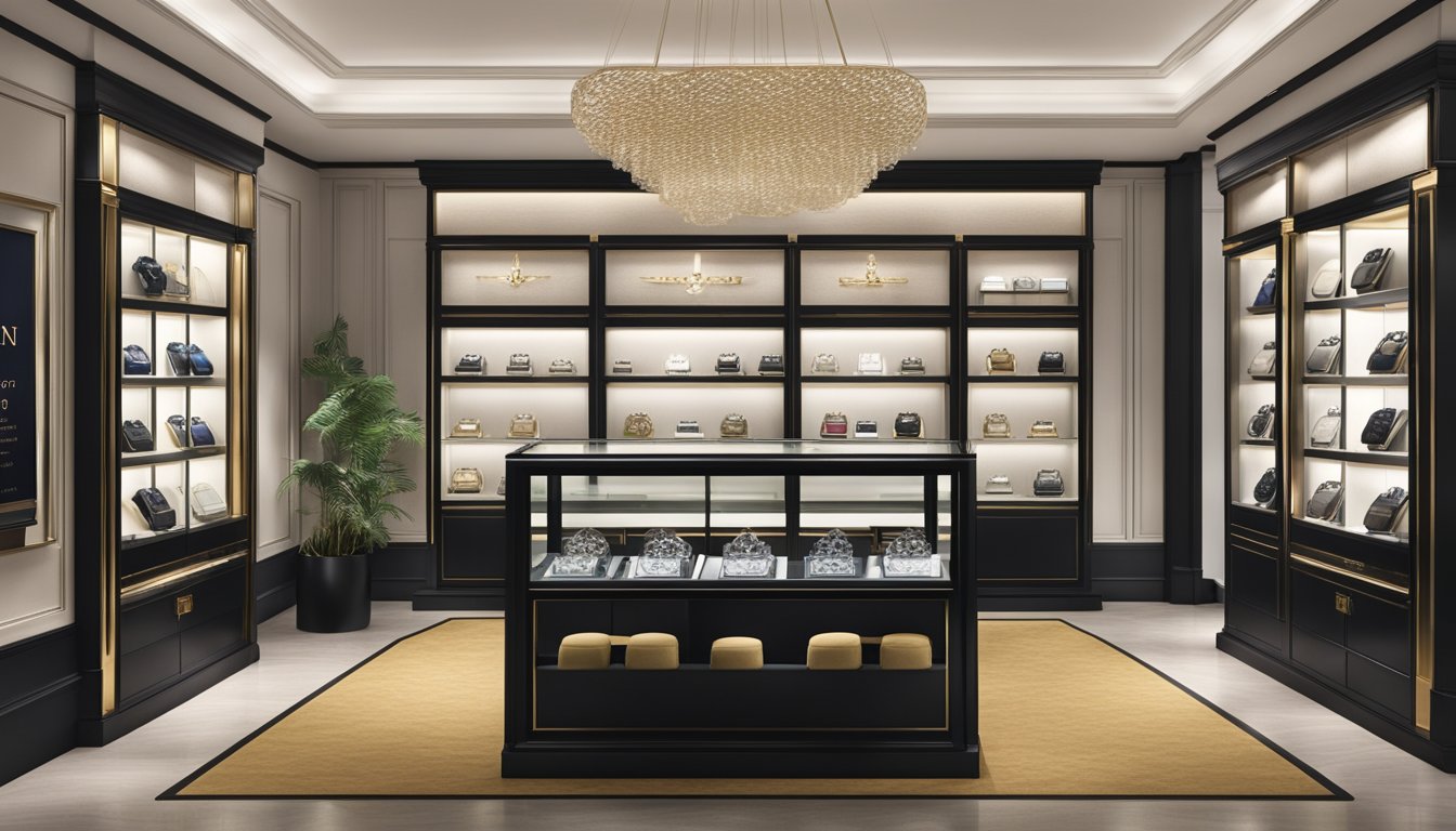 A luxurious watch store in Singapore showcases Tudor timepieces in a sleek and modern display. The store is well-lit, with the watches arranged neatly on velvet cushions, creating an elegant and inviting atmosphere
