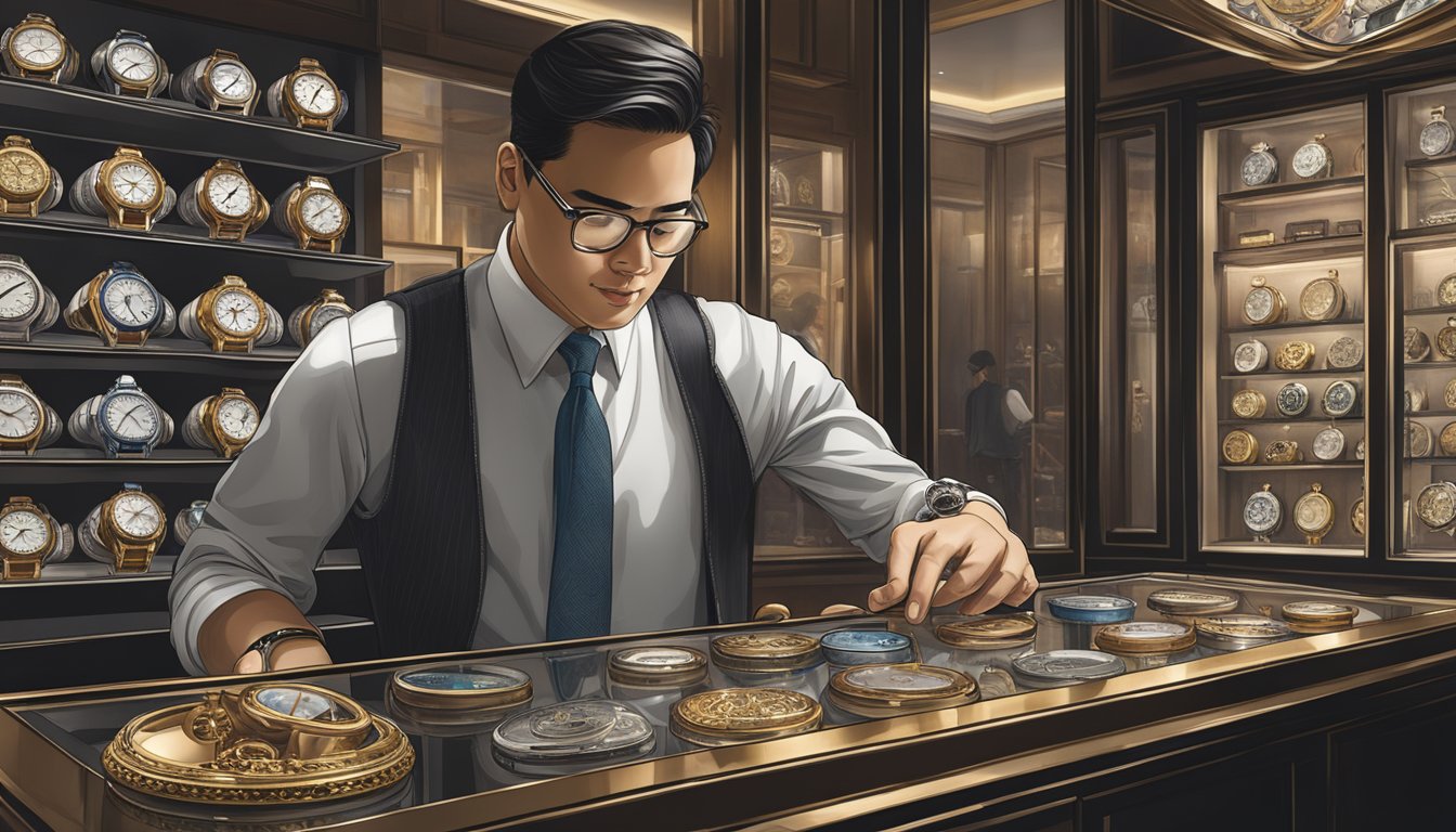 A customer admires Tudor watches in a Singapore boutique, exploring the intricate details and craftsmanship up close