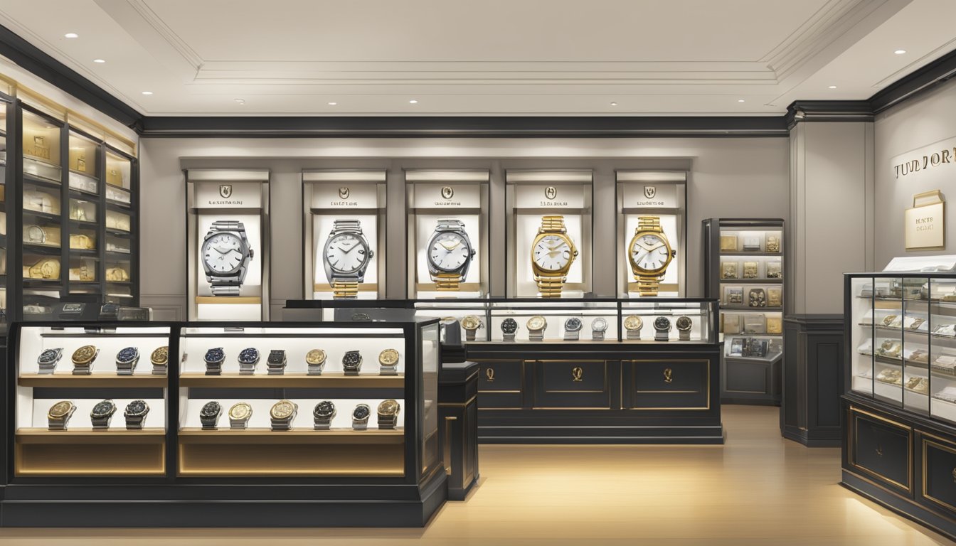 A display of Tudor watches with a "Frequently Asked Questions" sign in a Singaporean watch store