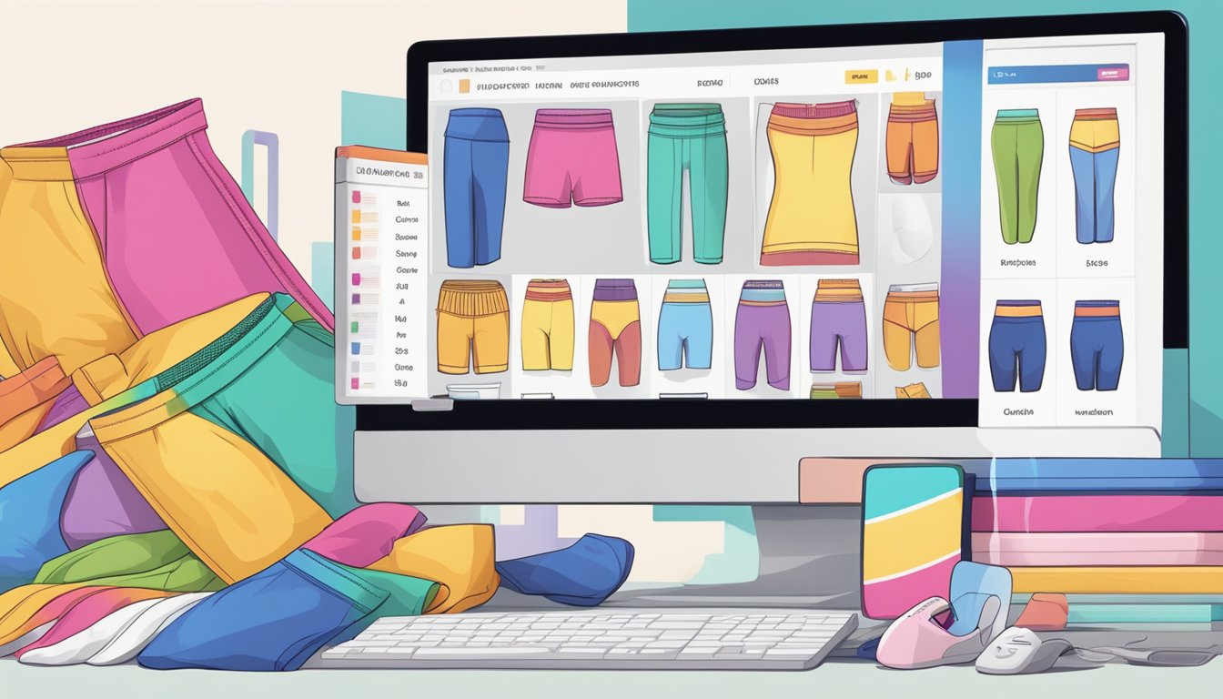 A computer screen displaying a variety of colorful and stylish underwear options with a "buy now" button, surrounded by packaging and shipping materials