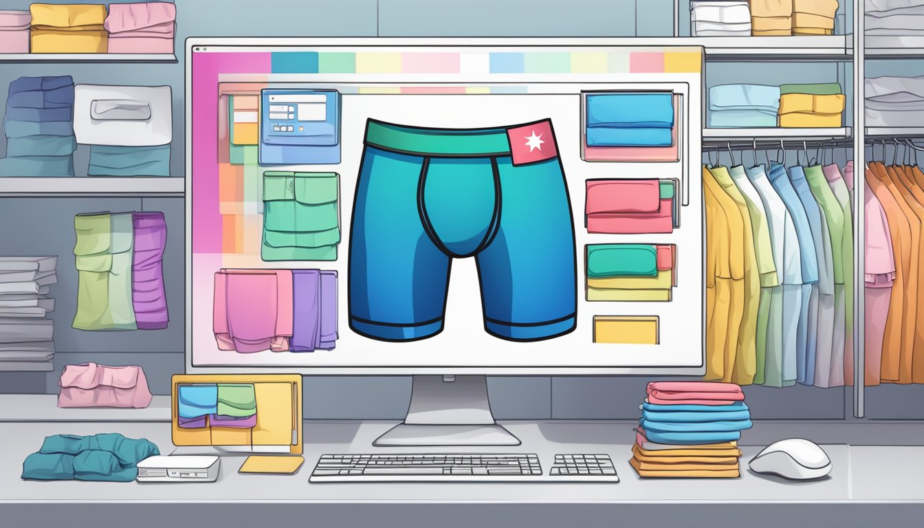 A computer screen displaying a variety of colorful underwear options, with a secure payment page and a Singaporean flag in the background