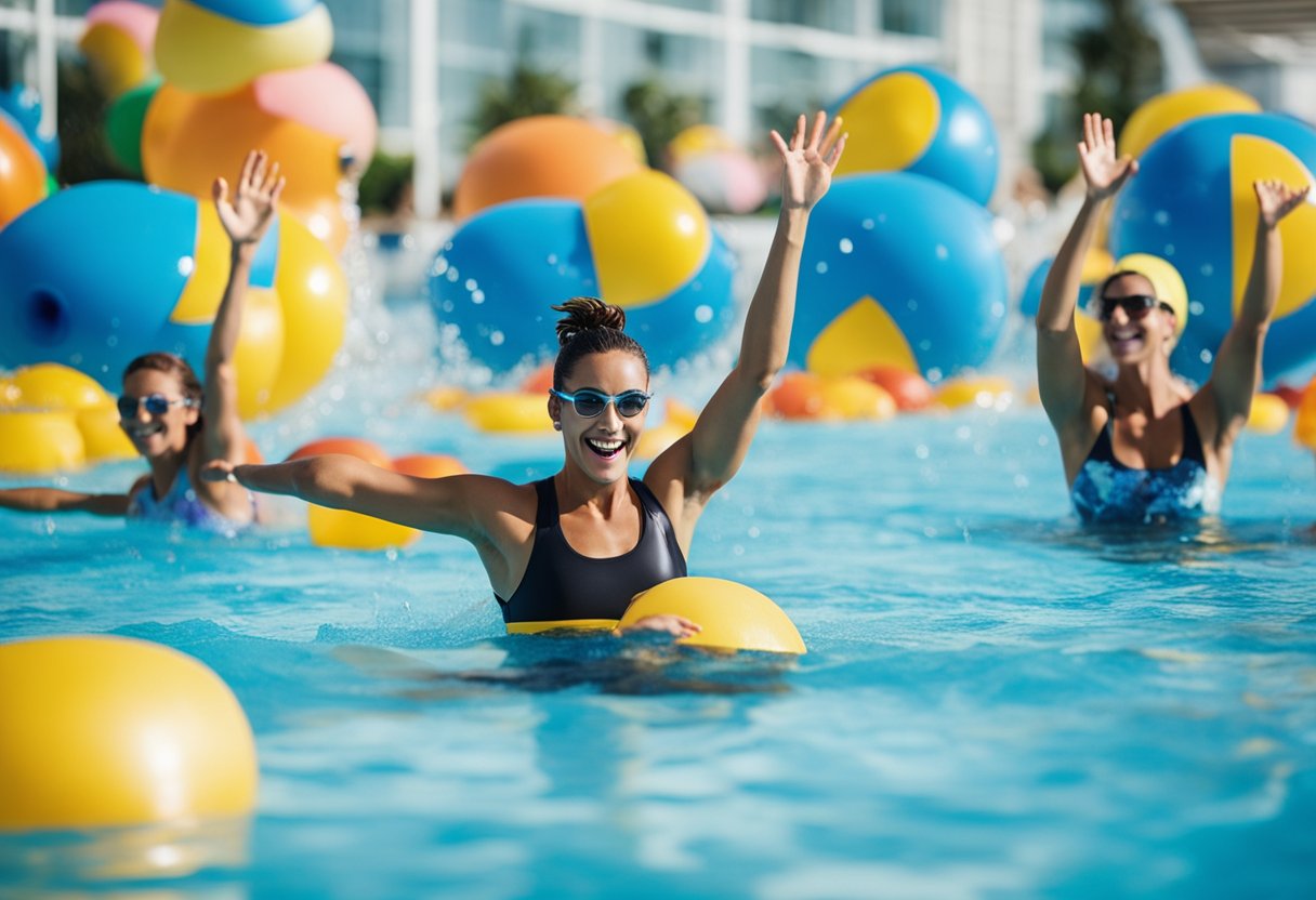 A group of people performing water aerobics in a pool, with colorful floatation devices and splashing water creating a lively and energetic atmosphere