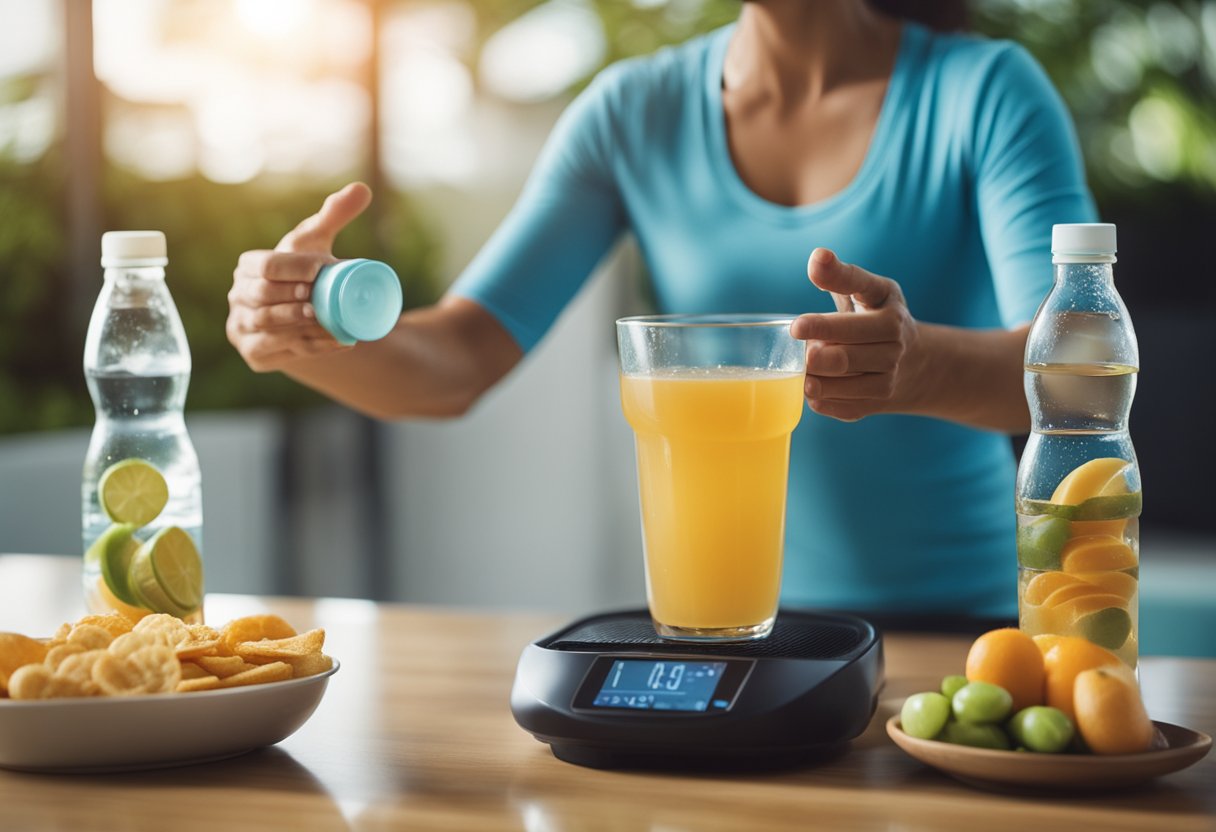 A person doing water aerobics, surrounded by water bottles and healthy snacks, with a scale nearby showing weight loss