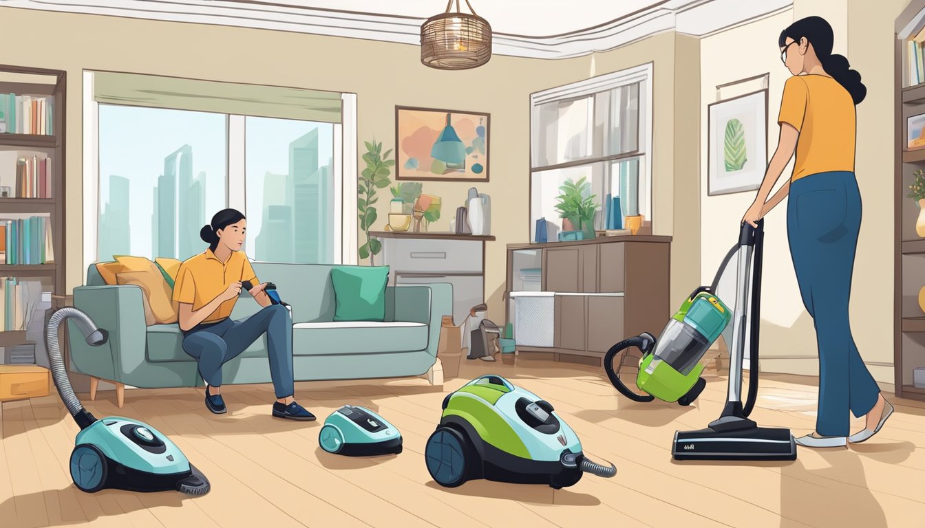 A person comparing vacuum cleaners in a Singapore home, surrounded by different models and brands