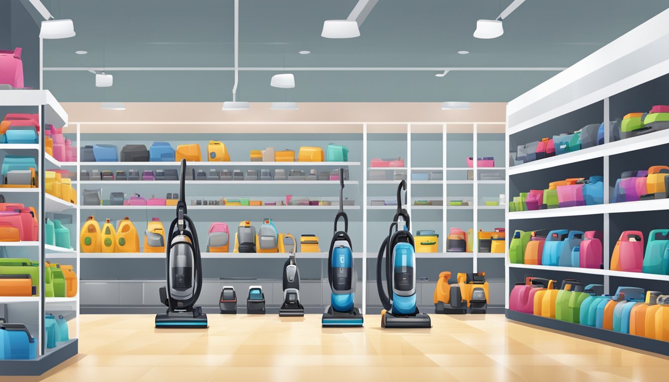 A bright, modern appliance store with rows of vacuum cleaners on display. Customers browse and compare features while sales staff offer assistance