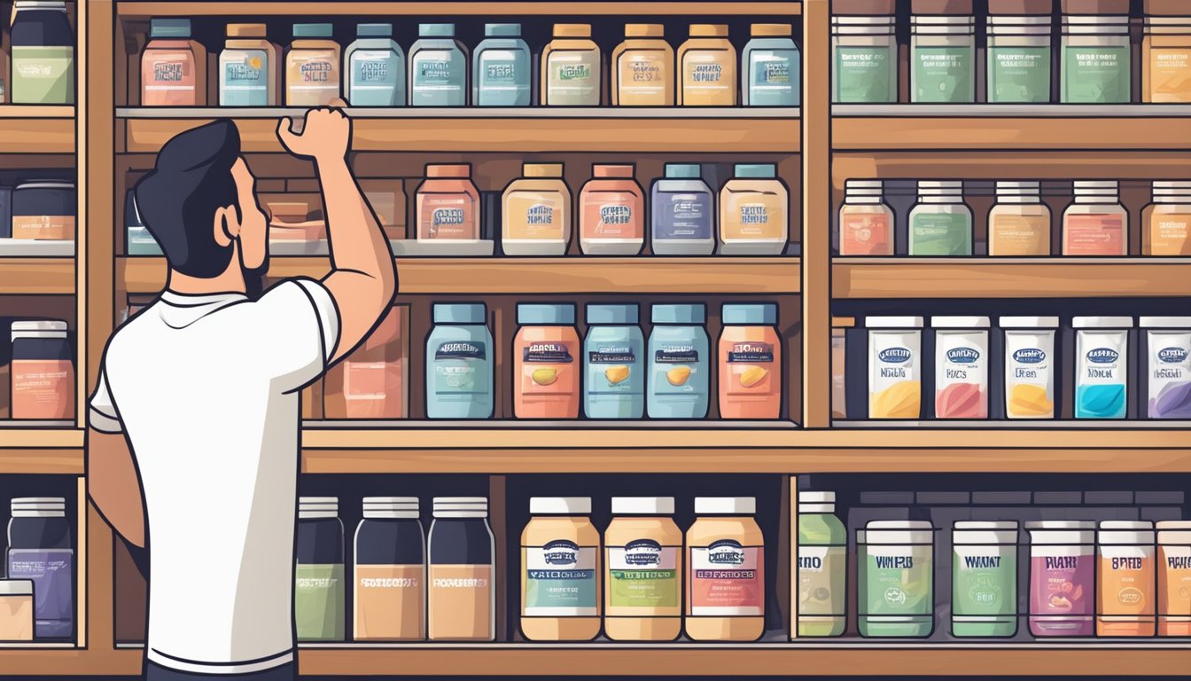 A hand reaches for a tub of whey protein powder on a shelf, with various brands and flavors displayed in the background