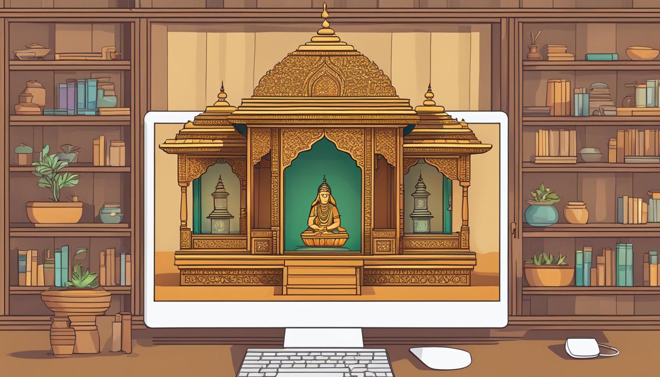 A wooden pooja mandir is being purchased online, displayed on a computer screen with a "buy now" button