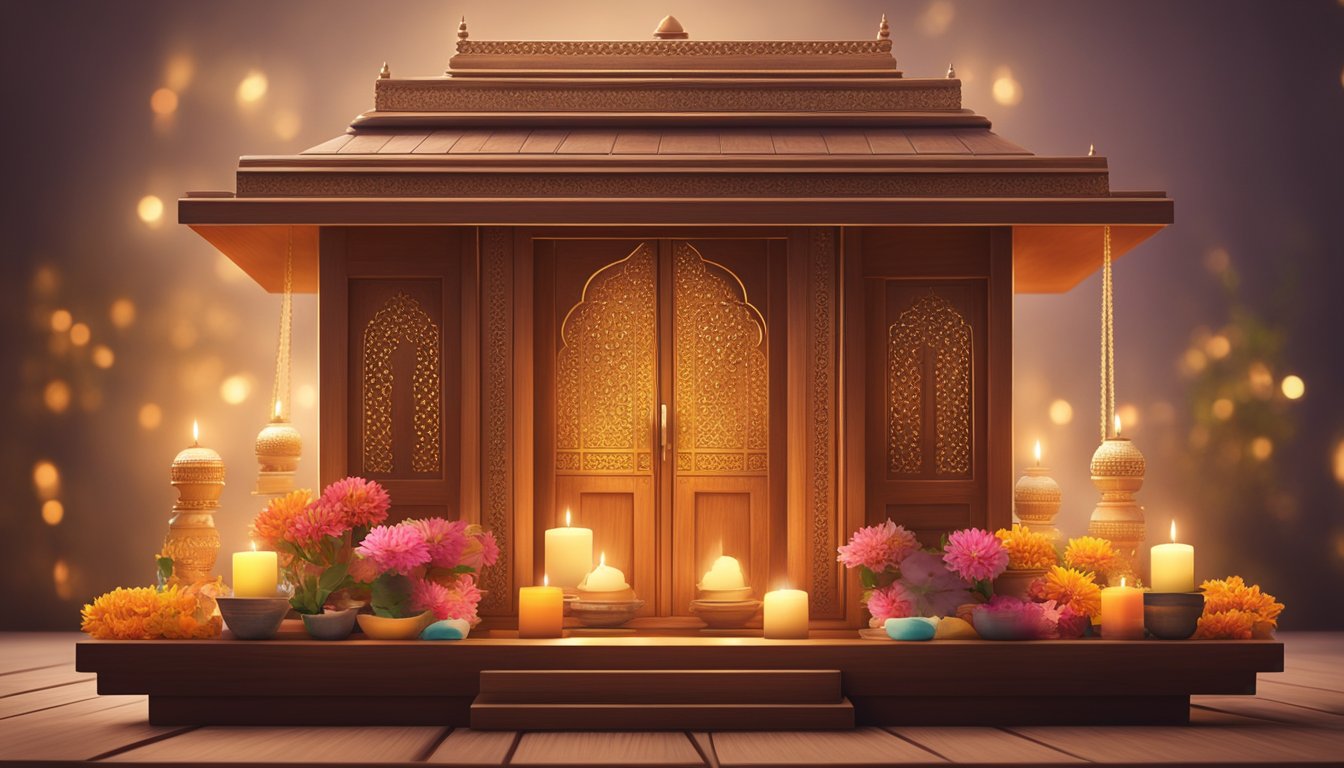 A wooden pooja mandir stands on a polished surface, surrounded by incense sticks, flowers, and diyas. A serene atmosphere is created with soft lighting and decorative elements