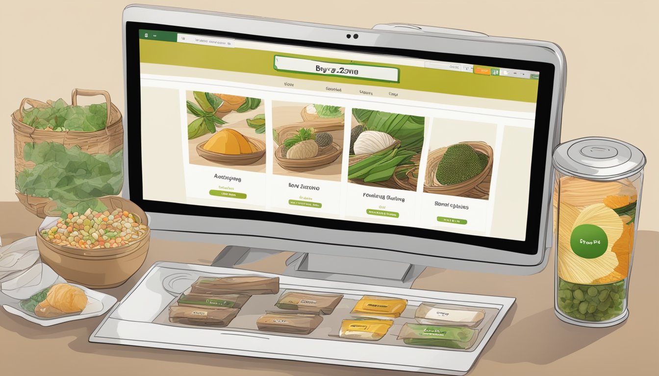 A computer screen showing a website with a "buy zongzi online" button, surrounded by images of different flavors and packaging options