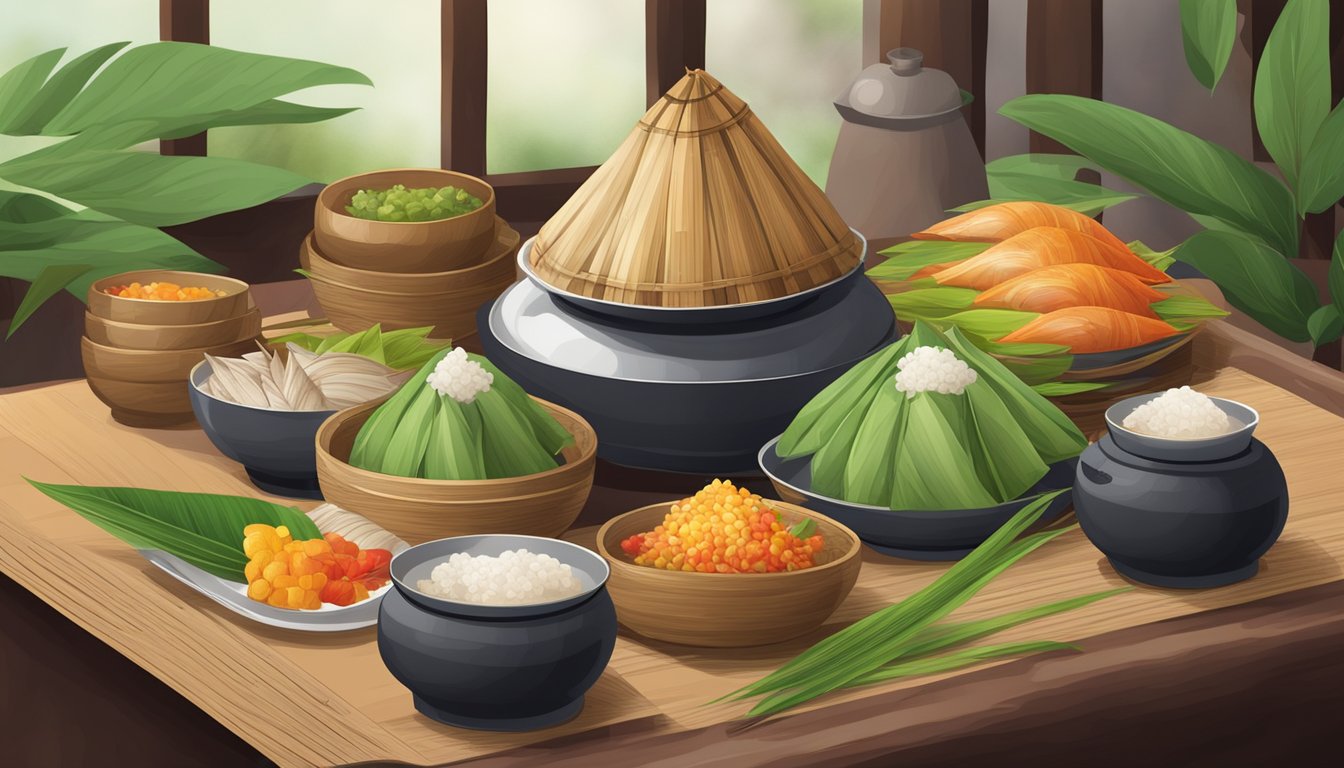 A table set with steaming zongzi, surrounded by colorful ingredients and traditional bamboo leaves