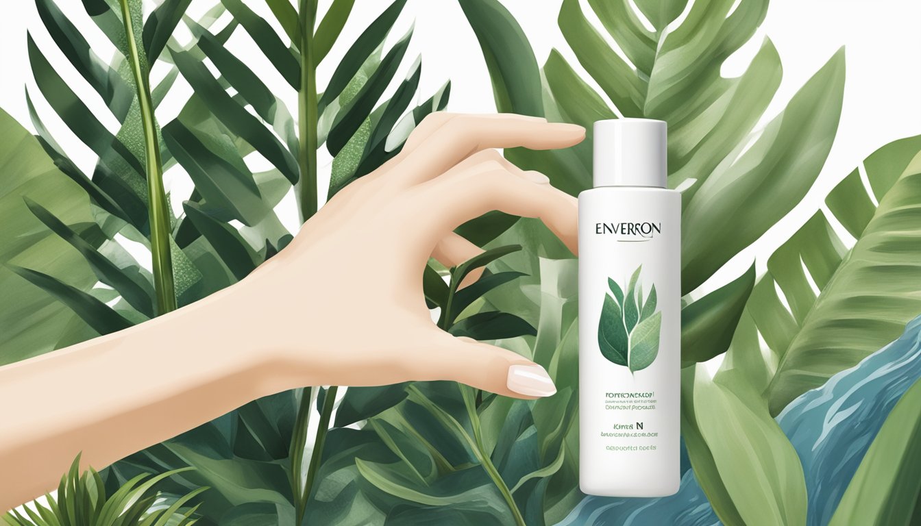A hand reaches out to touch a sleek, modern bottle of Environ Skin Care, surrounded by natural elements like plants and water