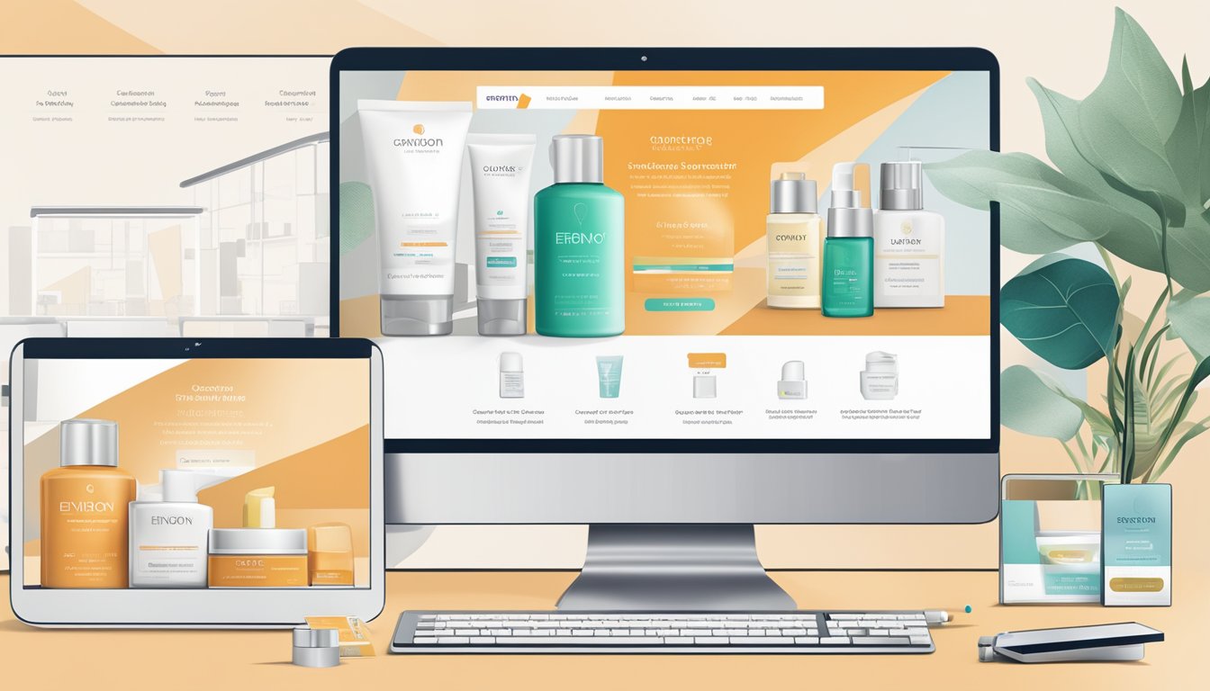A computer screen displaying the Environ skincare website with a variety of products available for purchase, a credit card and a shipping address entered in the checkout section