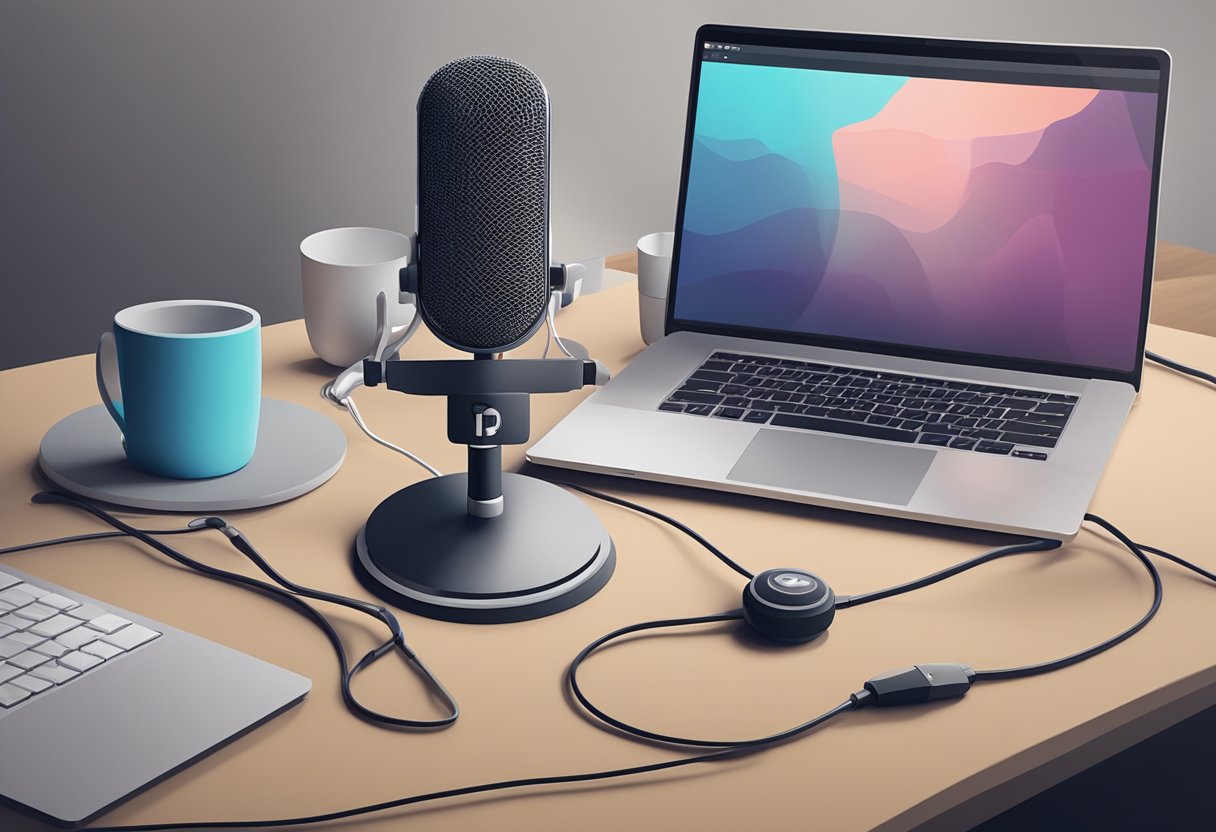 A microphone stands ready next to a laptop with a "Starting Your Podcast" logo displayed on the screen. A YouTube icon and RSS feed symbol are visible in the background