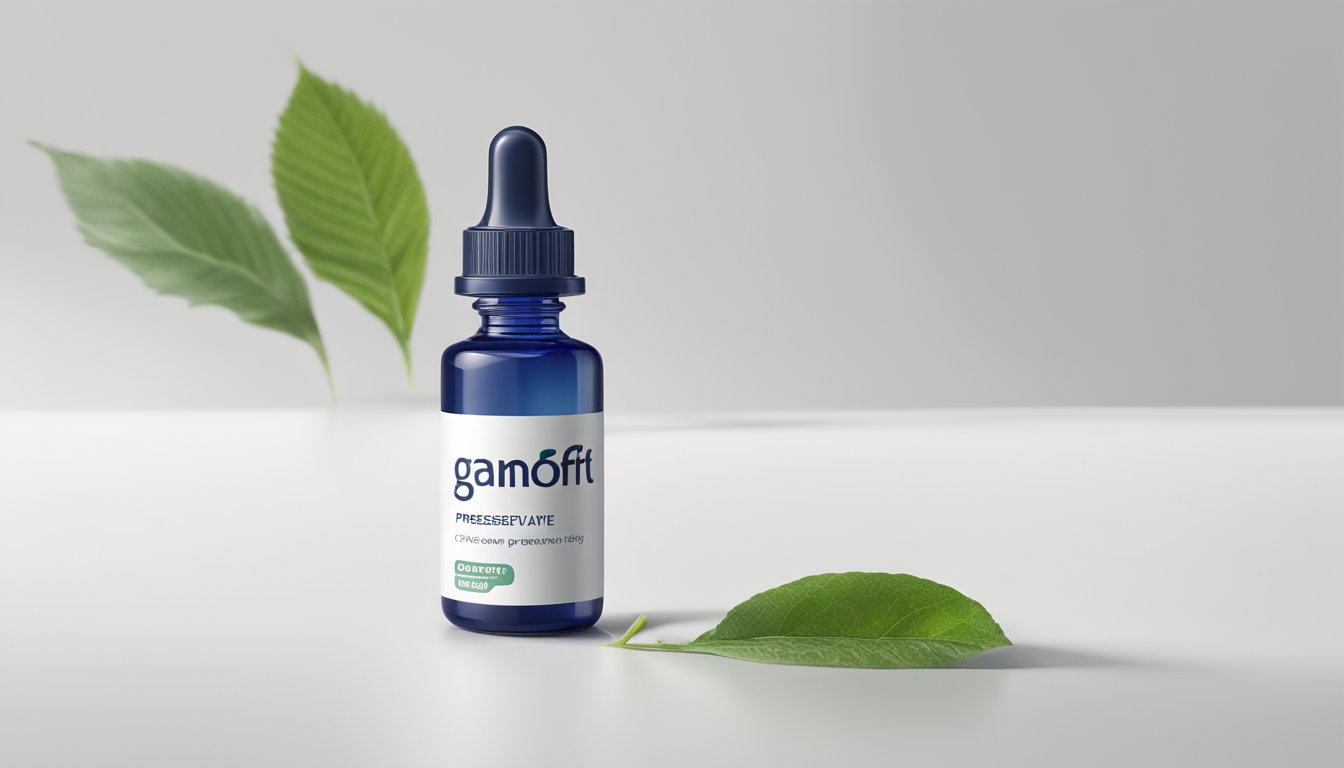 A dropper bottle of Ganfort preservative-free eye drops sits on a clean, white surface, surrounded by a soft, natural light. The label is clear and legible, with the product name prominently displayed