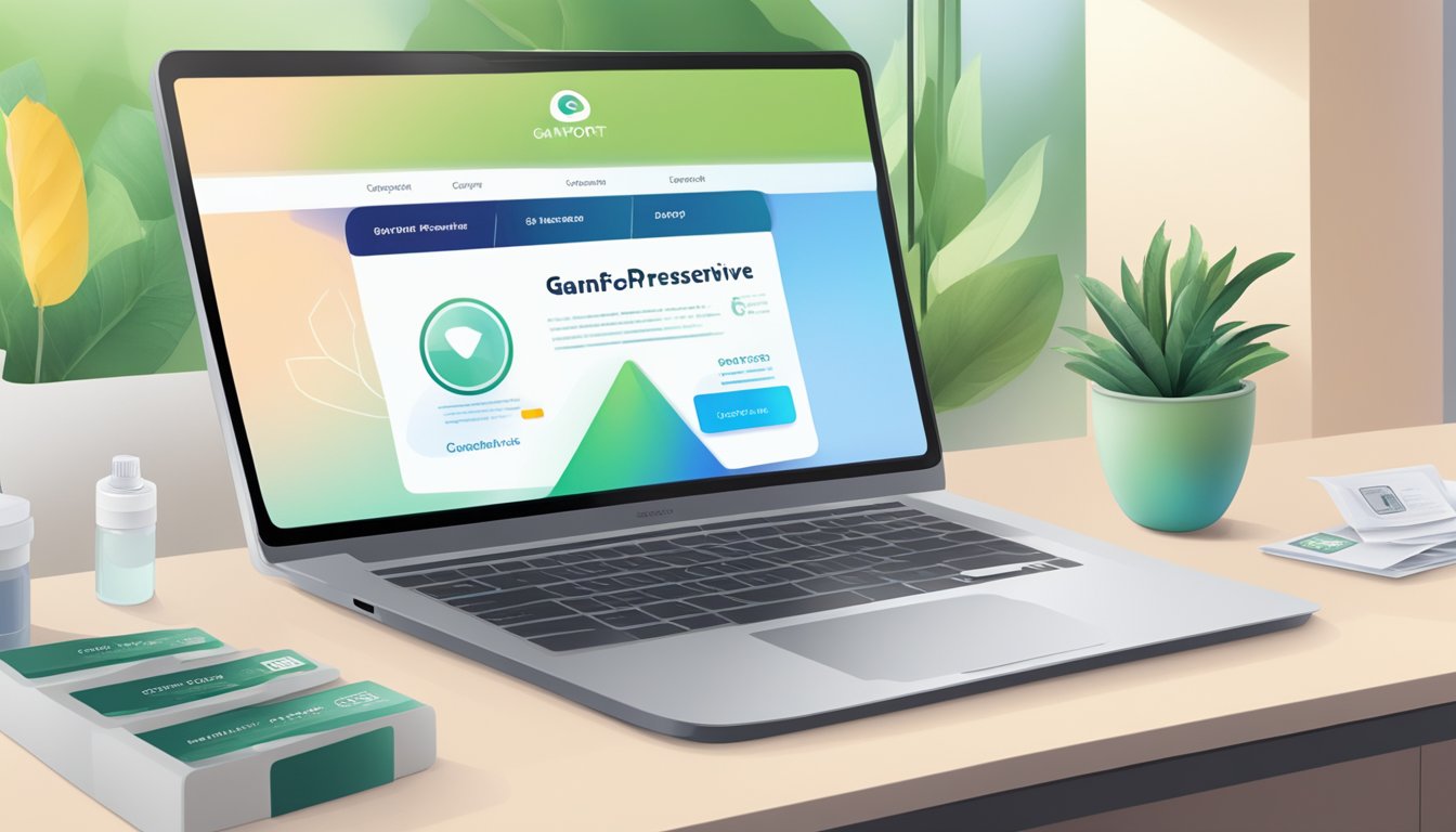 A computer screen shows a website with the option to purchase Ganfort preservative-free eye drops online. A credit card is nearby