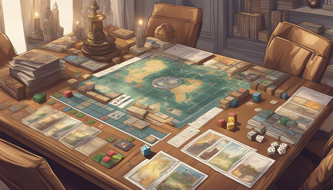 A table with a strategically placed board game, surrounded by various gaming equipment, such as dice, cards, and rulebooks