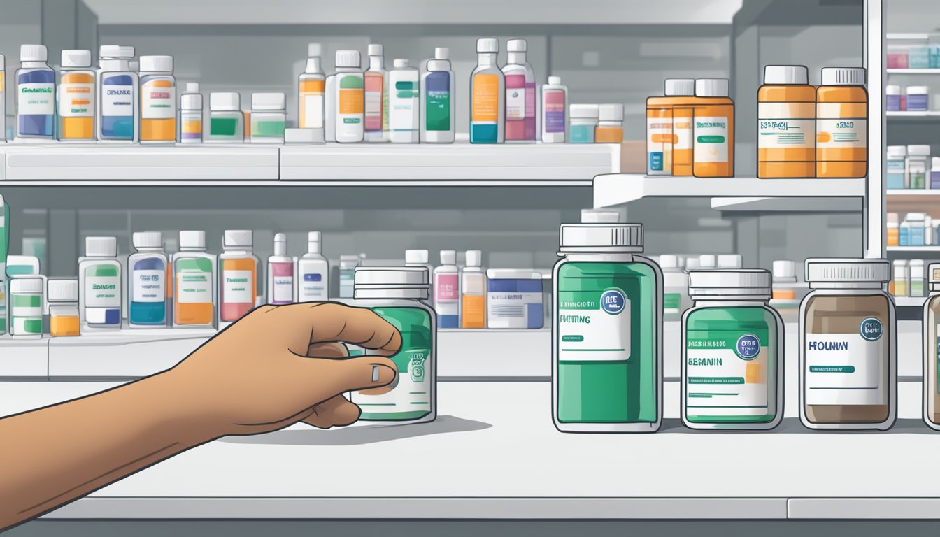 A hand reaches for a bottle of metformin 500 mg tablets on a white pharmacy counter