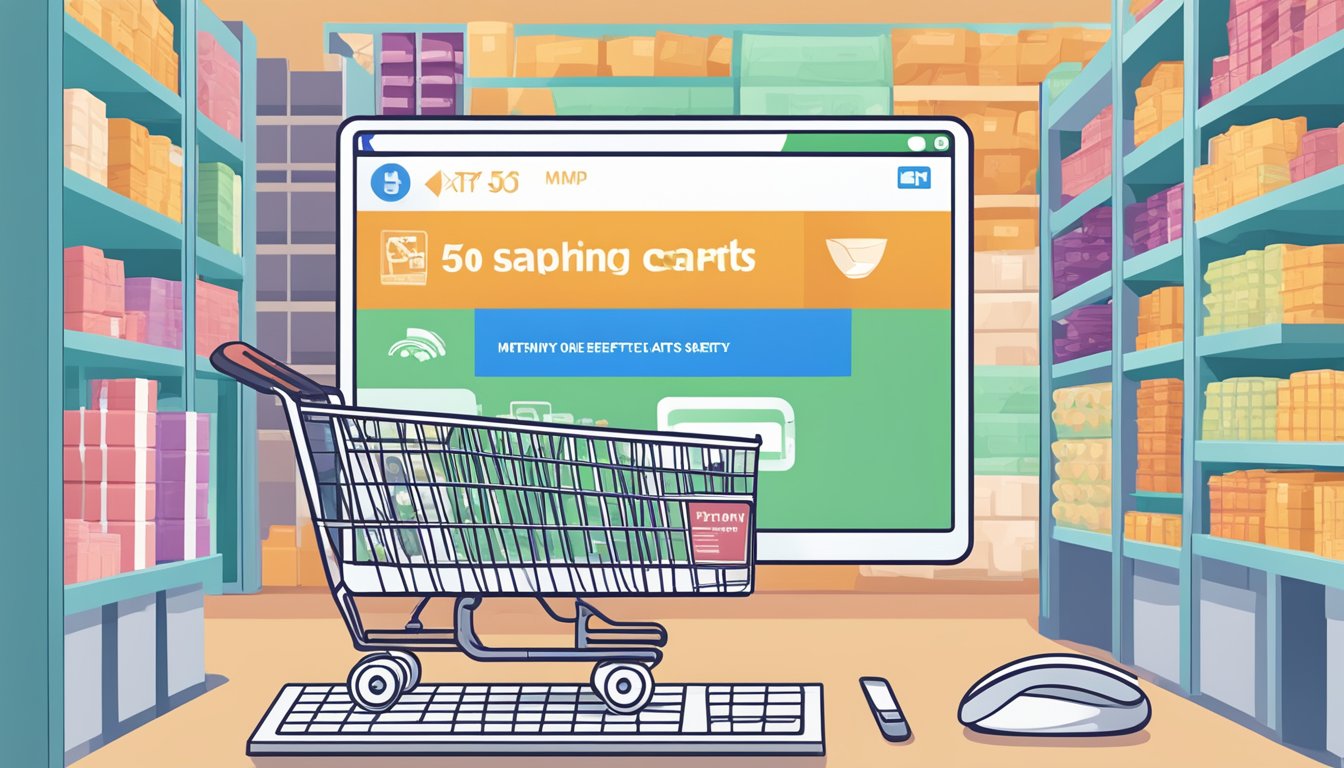 A hand places a metformin 500 mg tablet into a virtual shopping cart on a computer screen, surrounded by warnings and information about safety and potential side effects
