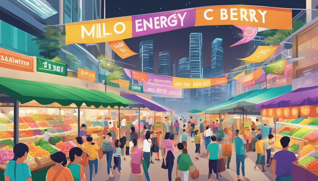 A bright, bustling market in Singapore, with colorful stalls and eager shoppers. A prominent sign reads "Milo Energy Cube" in bold letters