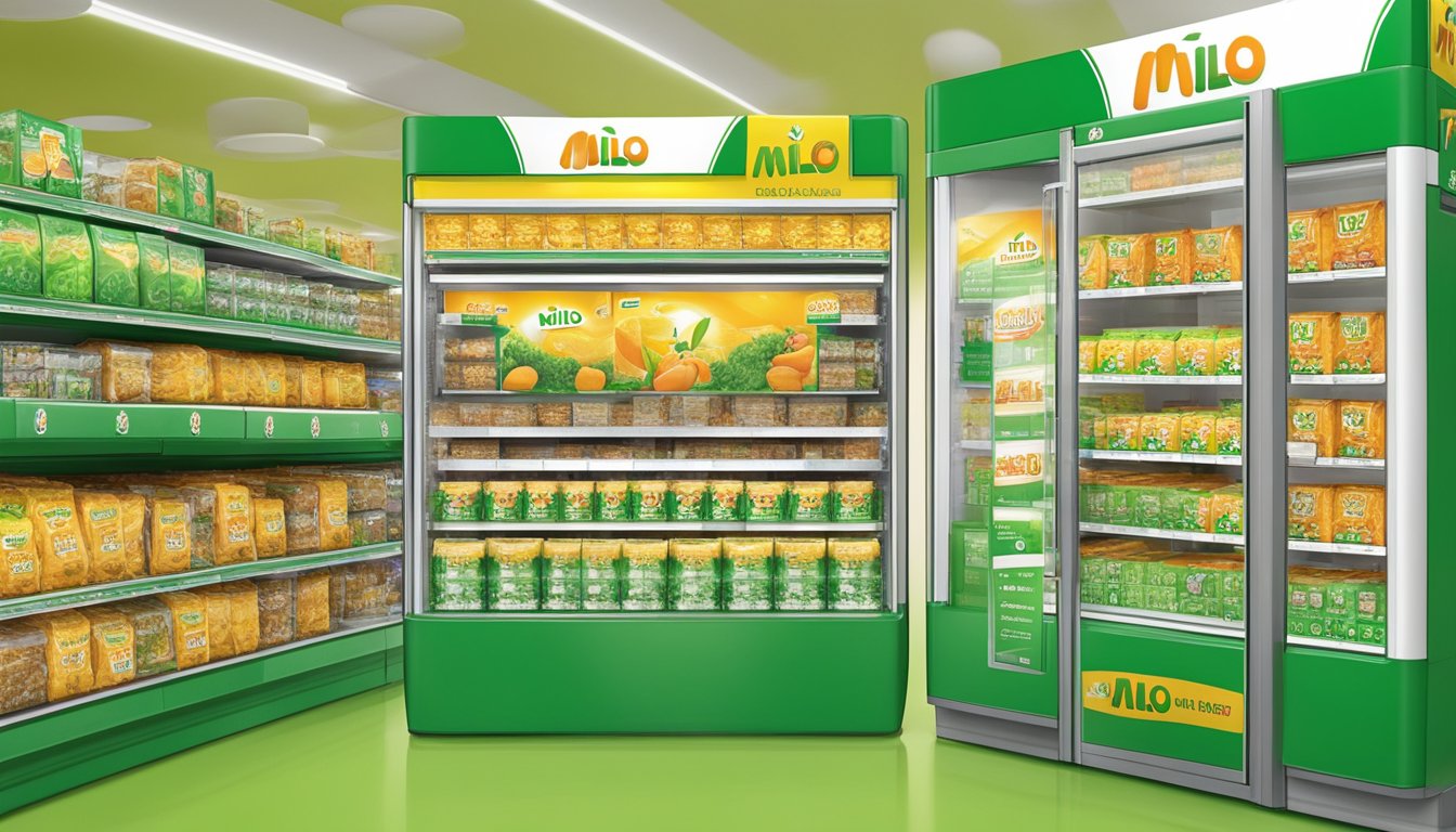 A display of Milo Energy Cubes at a Singaporean grocery store, with prominent signage and packaging