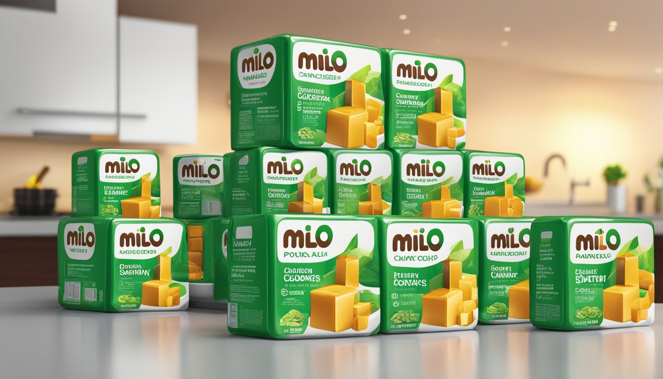 A stack of Milo Energy Cubes sits on a kitchen counter, with the Milo logo prominently displayed. The packaging is vibrant and eye-catching, and the cubes are arranged neatly in a row