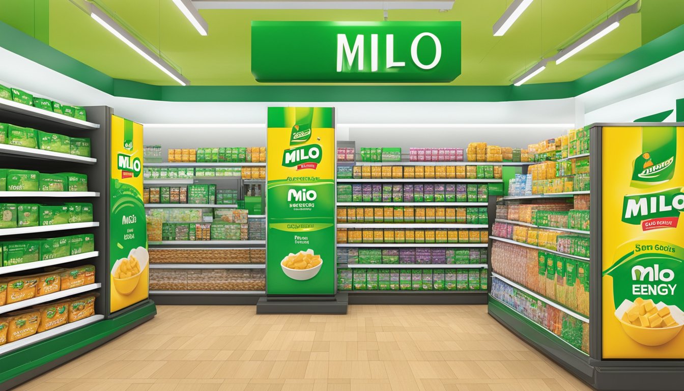 A display of Milo energy cubes in a Singaporean store, with prominent signage indicating "Where to buy" and a stack of product packages