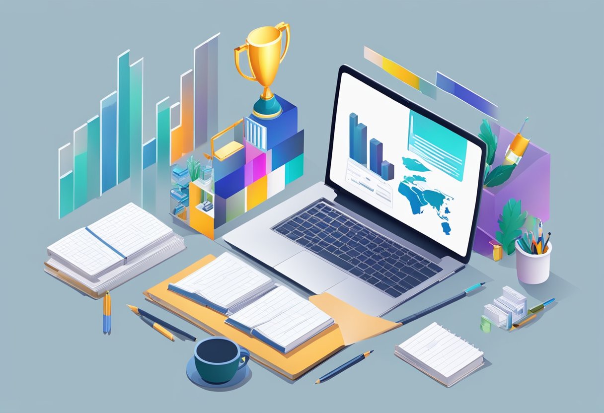 A table with a laptop, notebook, and pen. A graph showing growth. A handshake between two people. A trophy