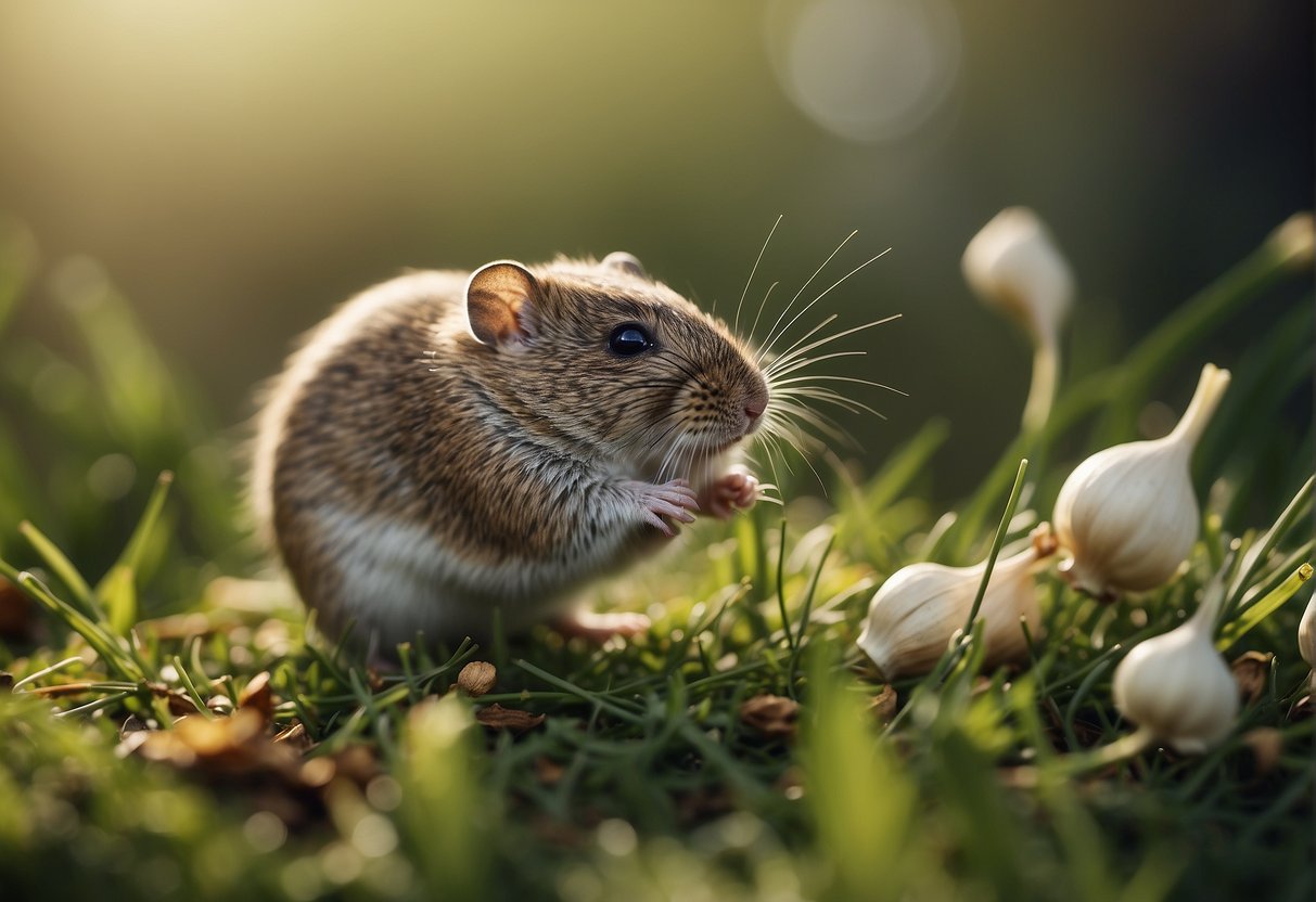 A vole nibbles on a clove of garlic in a grassy field