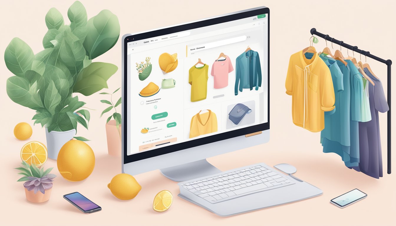 A computer screen displaying the Pomelo website with various fashion items, a secure checkout process, and positive customer reviews
