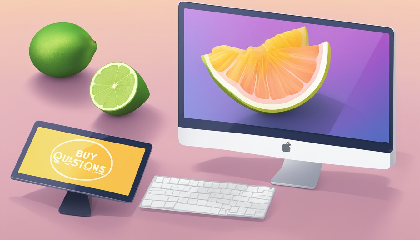 A computer screen with a "Frequently Asked Questions" webpage open, showing a pomelo fruit and a "buy online" button