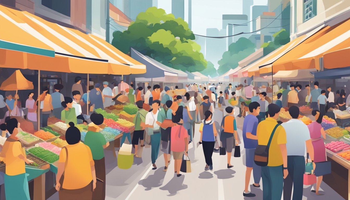 A bustling Singapore street market with colorful signs and a diverse crowd