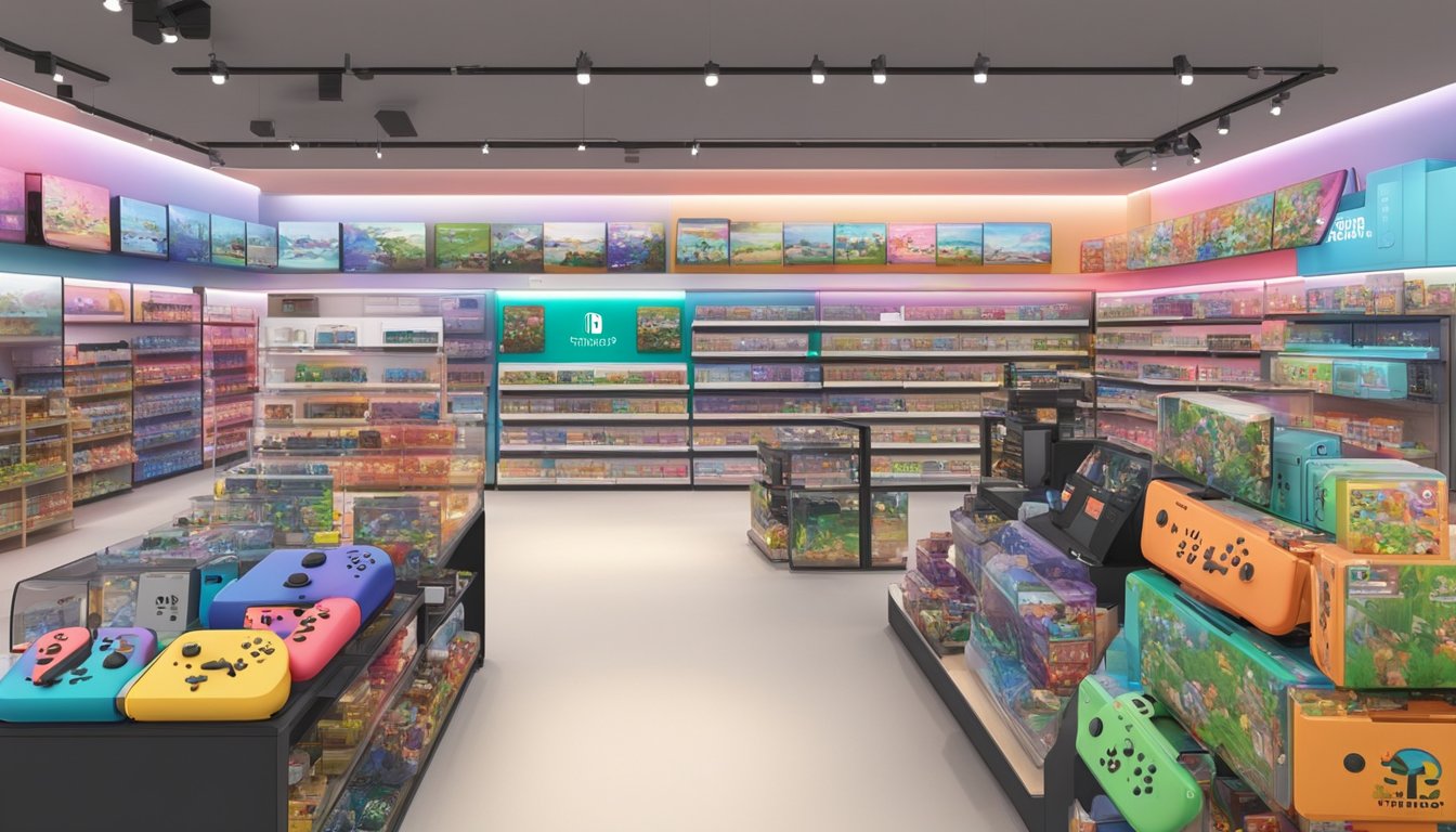 A display of Nintendo Switch variants and accessories at a Singapore store, with shelves lined with products and customers browsing