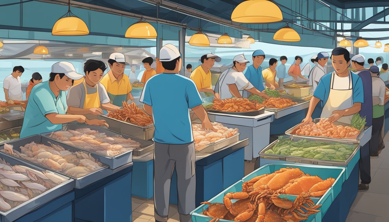 A bustling seafood market in Singapore showcases a variety of fresh soft shell crabs on ice, with vendors eagerly promoting their selection to passersby