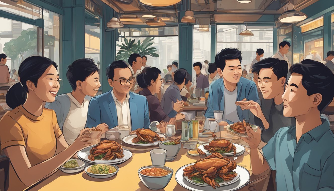 A table with a plate of soft shell crab, surrounded by diners with curious expressions, in a bustling Singaporean restaurant