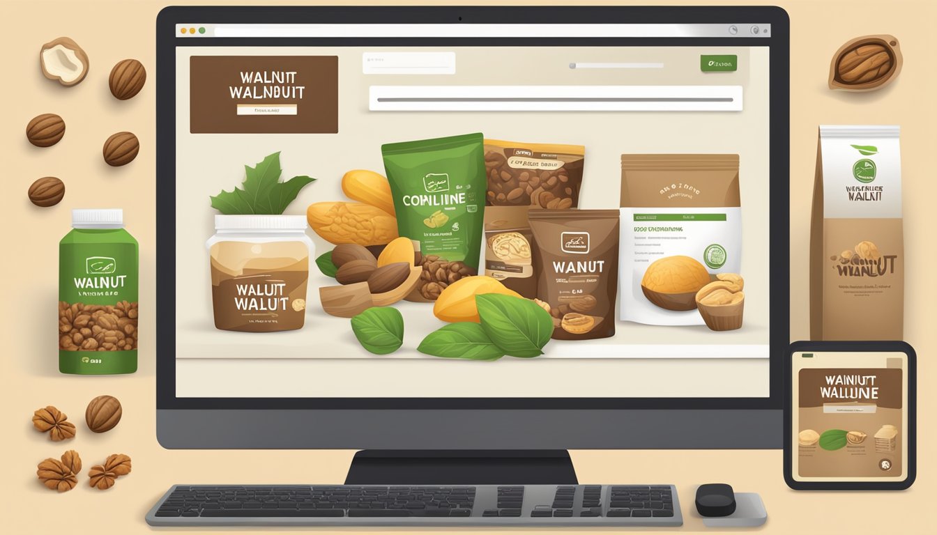 A computer screen displaying a website with a "walnut buy online" button, surrounded by various walnut products and packaging