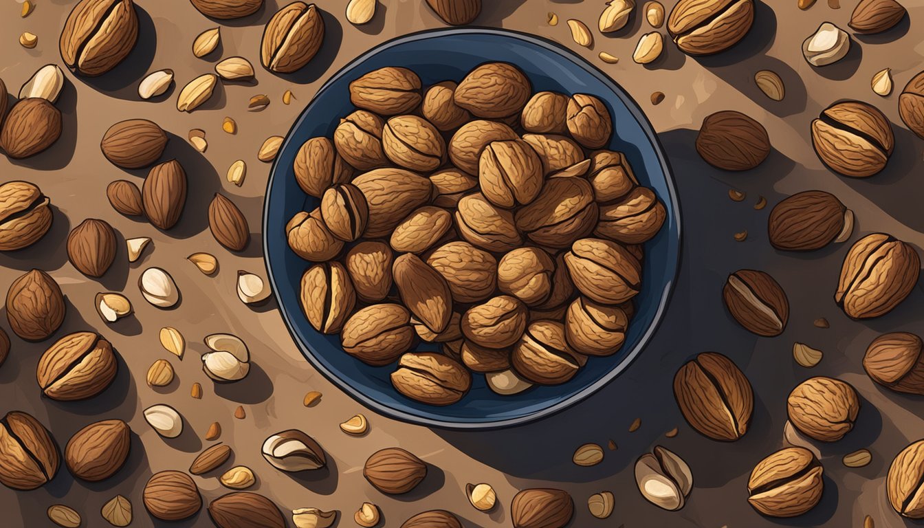 A bowl of walnuts sits on a wooden table, surrounded by scattered shells. A beam of sunlight illuminates the nuts, highlighting their rich, earthy colors
