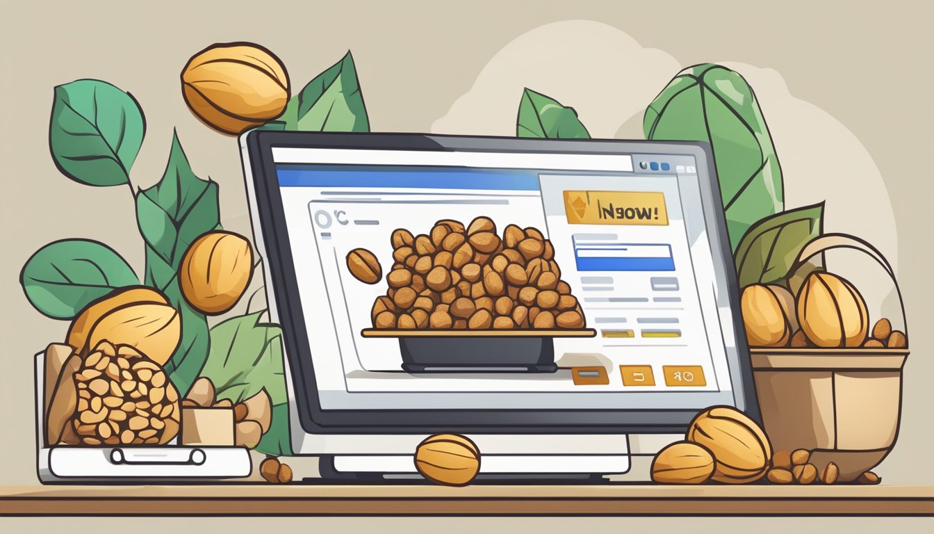 A computer screen displaying a variety of walnuts for sale on an online shopping platform. A cursor hovers over the "buy now" button