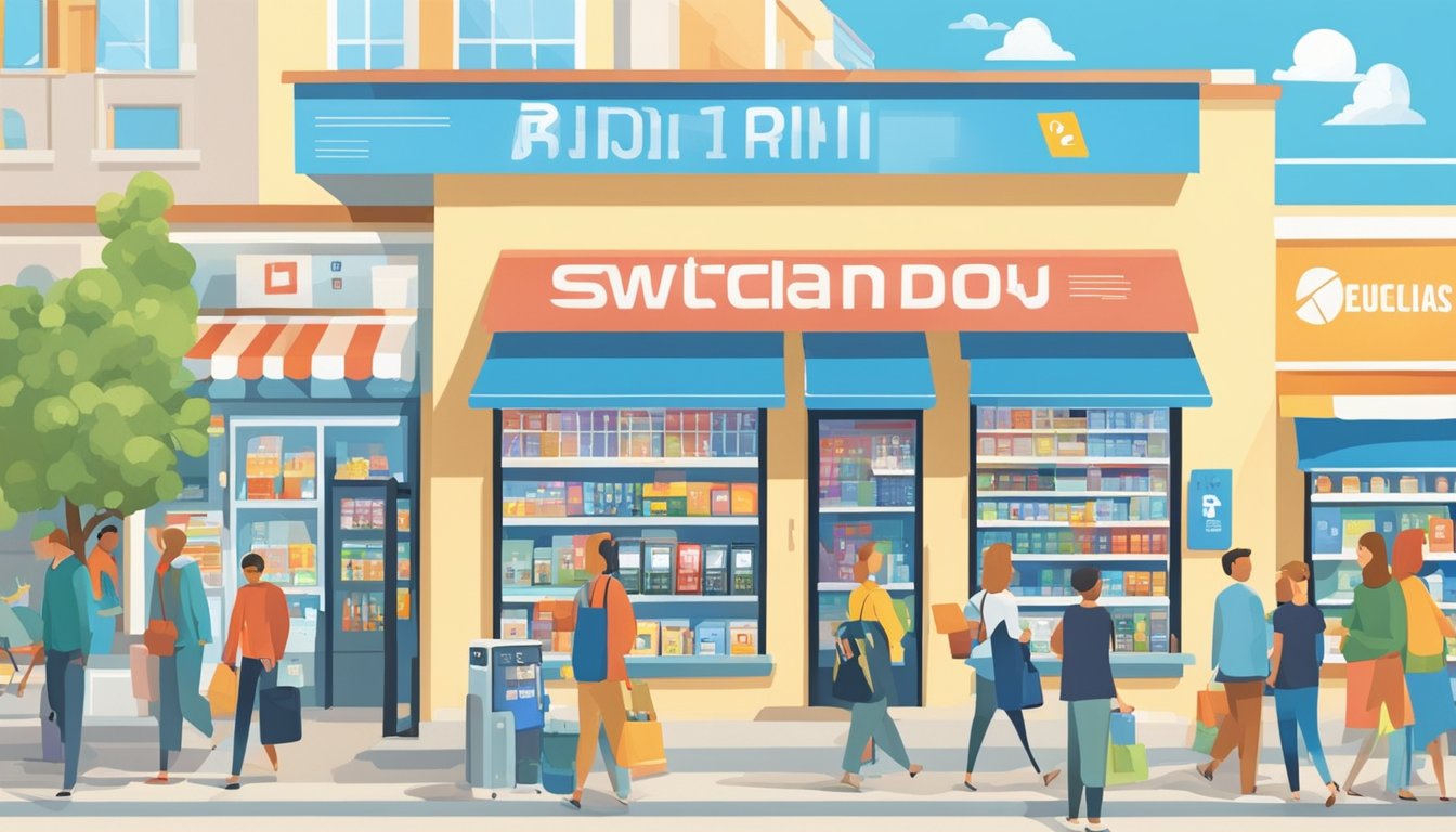 A bright, sunny day with a clear blue sky, showcasing a bustling electronics store with a "Switch" display. Customers are browsing and making purchases, creating a lively and energetic atmosphere