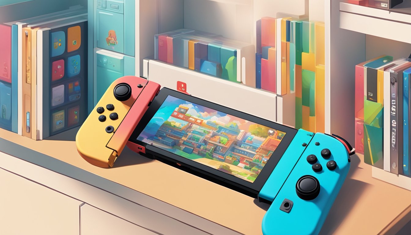 The Nintendo Switch sits on a store shelf, bathed in soft, natural light. The display is surrounded by other gaming consoles and accessories, creating a vibrant and inviting atmosphere