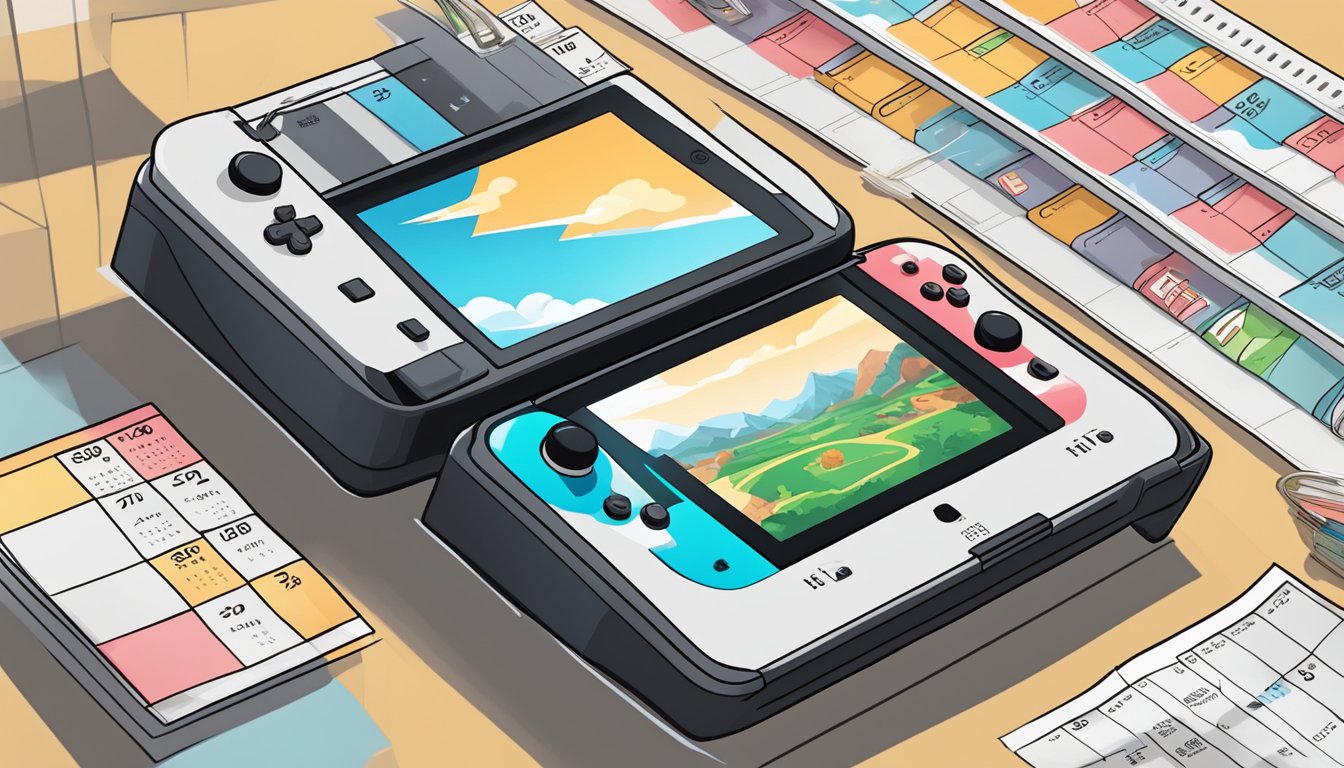 A Nintendo Switch surrounded by price tags and a calendar showing peak sales seasons