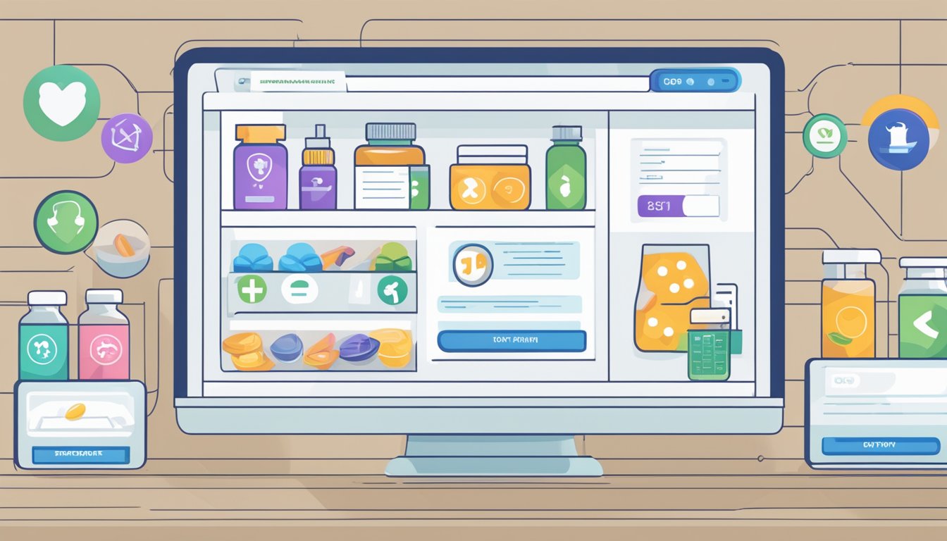 A computer screen displaying an online pharmacy website with the search bar filled with "betahistine" and a "buy now" button