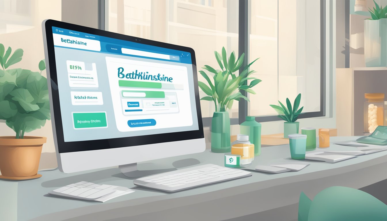 A computer screen displaying an online pharmacy website with the option to purchase betahistine. An add to cart button is visible