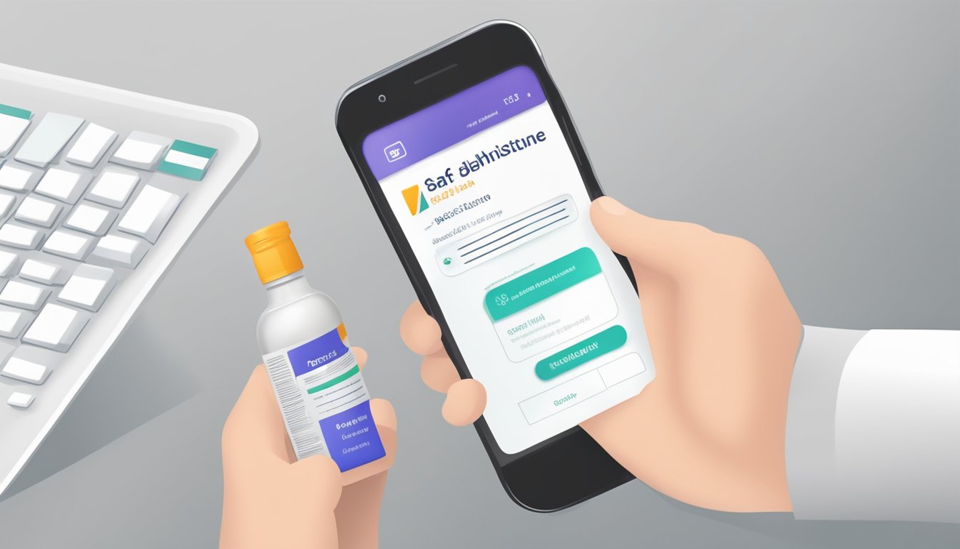 A hand holding a bottle of Betahistine with a label indicating safe usage. A computer or smartphone displaying a reputable online pharmacy for purchasing Betahistine