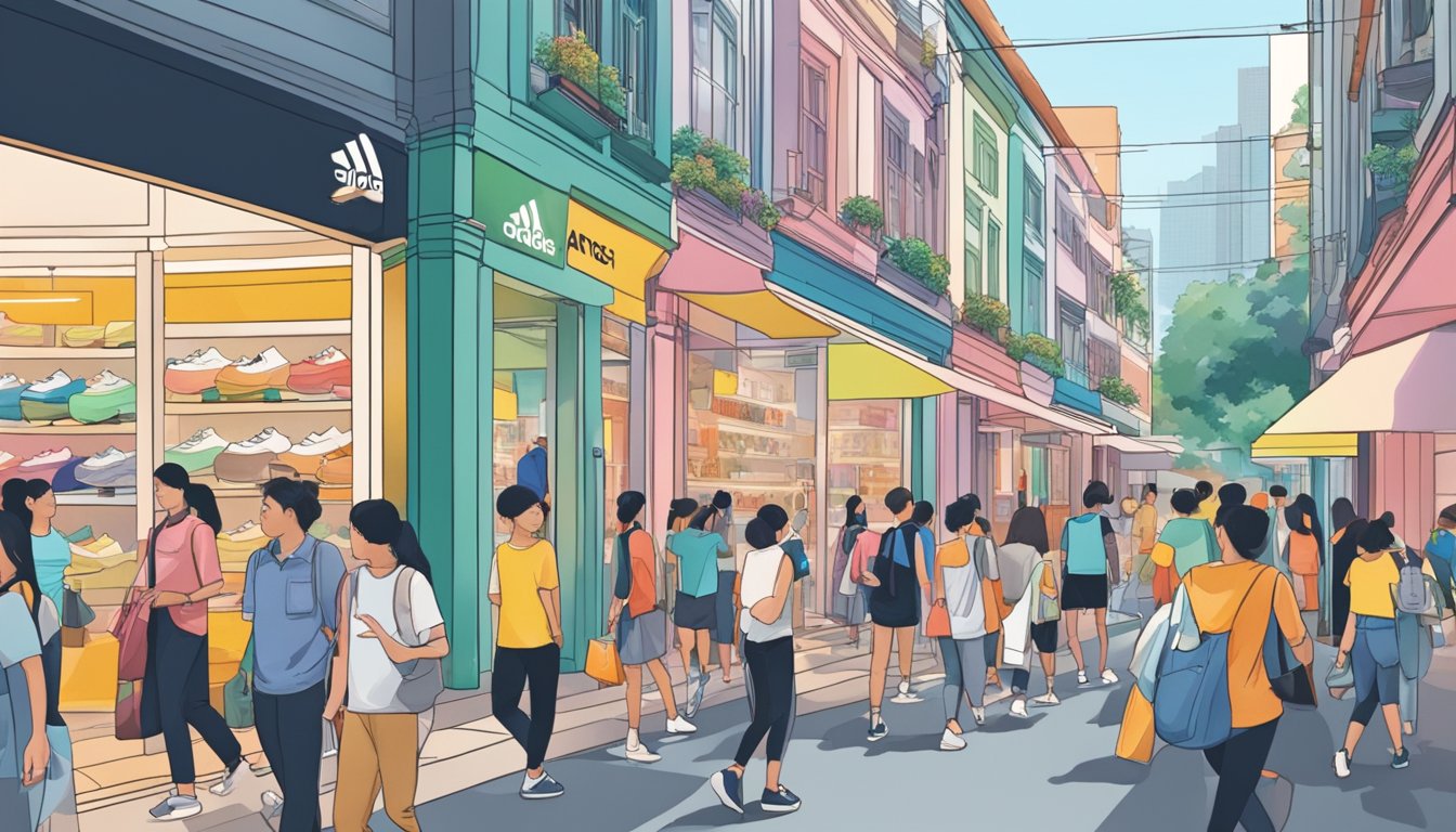 A bustling street in Singapore, with colorful storefronts and a prominent Adidas logo. Shoppers are seen browsing through the latest Gazelle sneakers in a trendy sports store