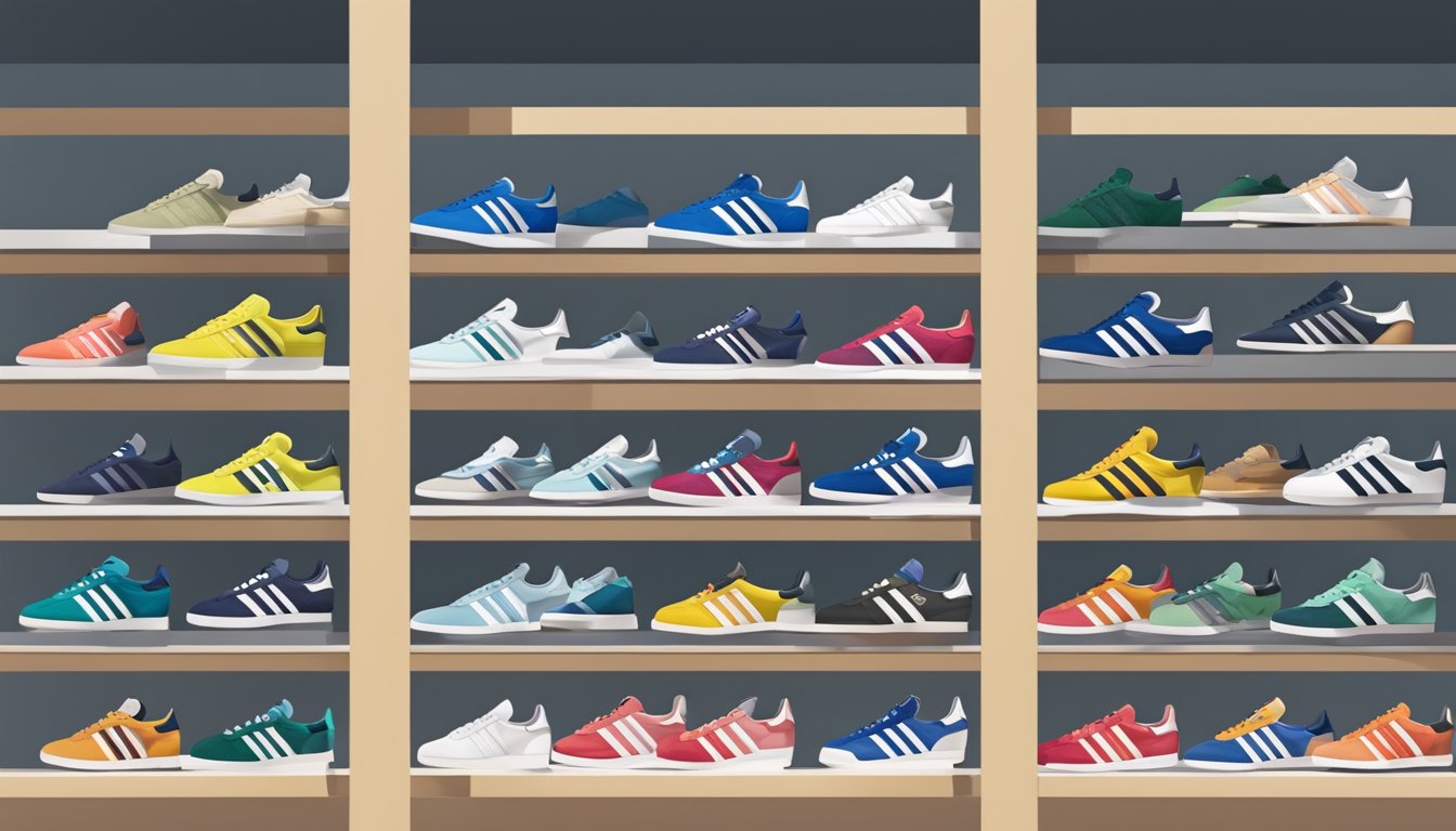 A display of Adidas Gazelle sneakers in a Singapore shoe store, with the brand's logo prominent
