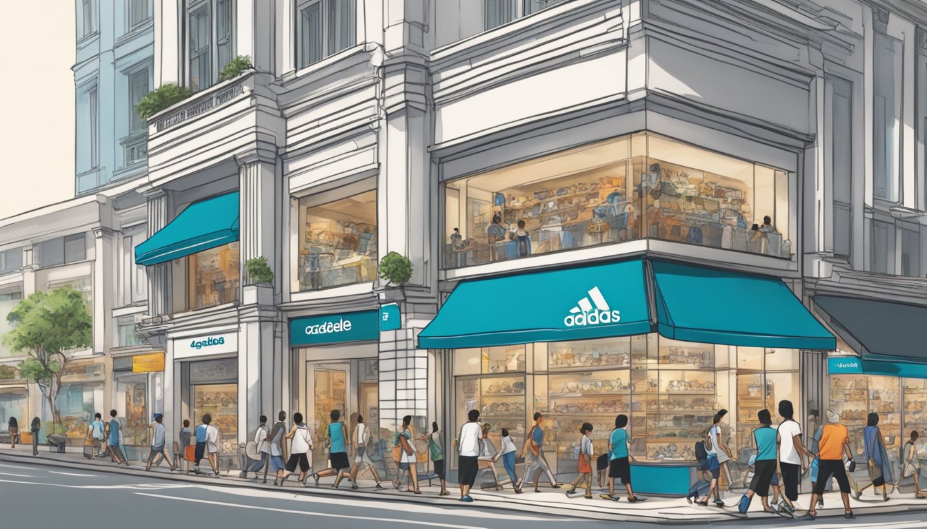A busy street in Singapore, with a prominent Adidas store front, showcasing the iconic Gazelle sneakers in the window display