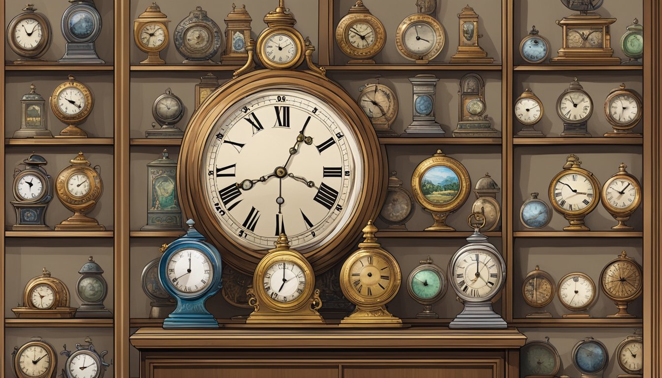 An antique clock sits on a polished wooden shelf in a quaint shop in Singapore, surrounded by other vintage timepieces